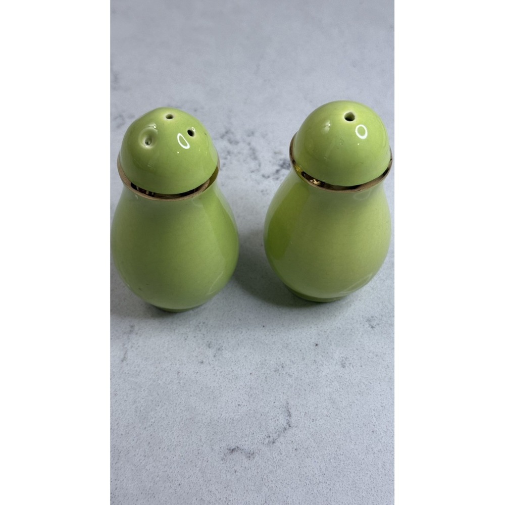 Vintage Green & Gold Salt & Pepper Shakers England Pat No 439062 Mid Century